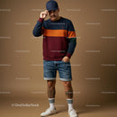 Trendy Man in Colorful Sweatshirt and Denim Shorts