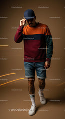 Stylish Man in Colorblock Sweatshirt and Denim Shorts