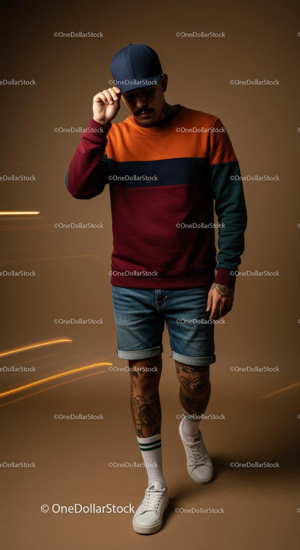 Stylowy mężczyzna w bluzie colorblock i dżinsowych szortach
