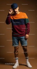 Stylish Man in Colorful Sweater and Denim Shorts