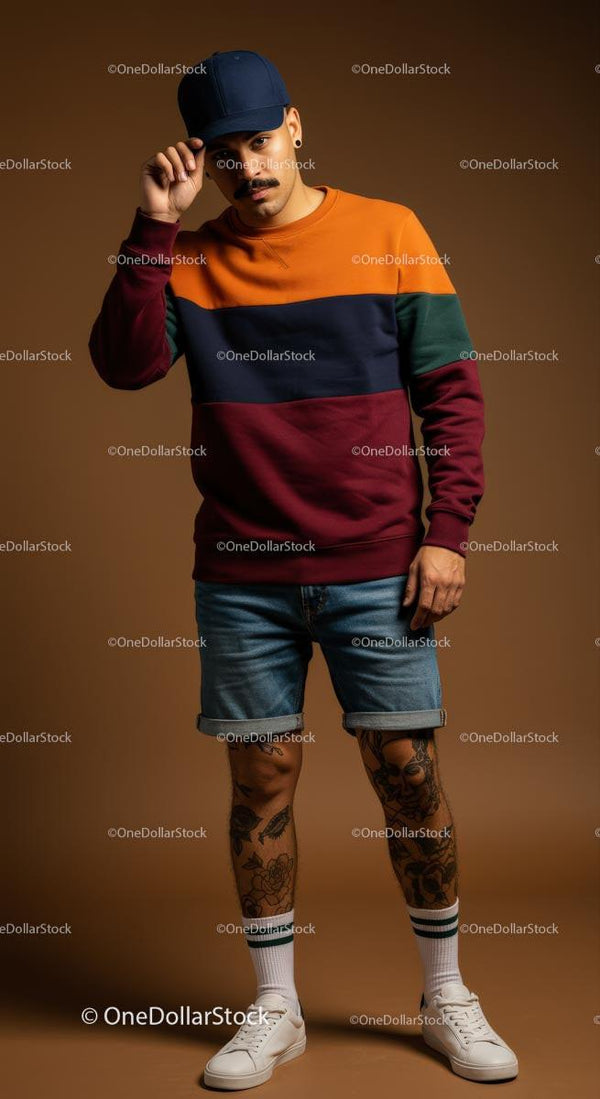 Stylowy mężczyzna w kolorowym swetrze i szortach jeansowych
