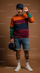Trendy Man in Colorful Sweater and Denim Shorts