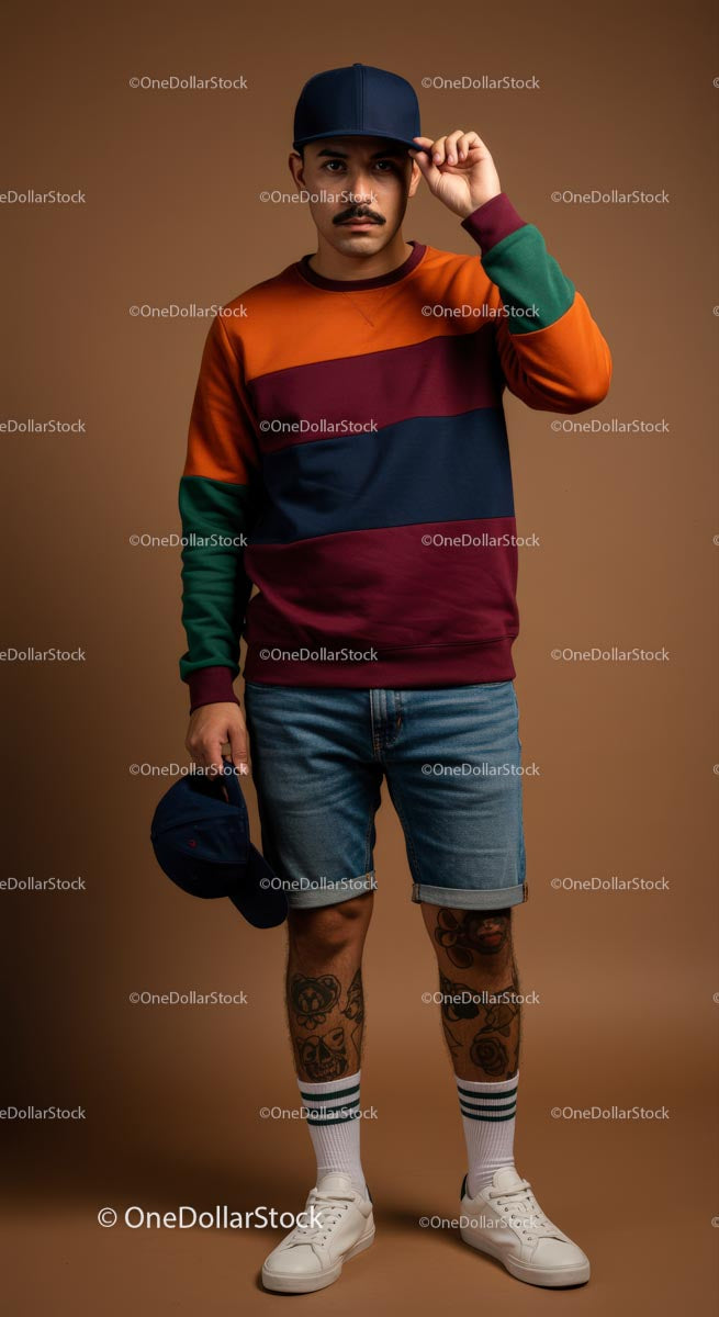 Trendy Man in Colorful Sweater and Denim Shorts