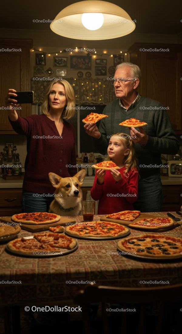 Rodzina ciesząca się wieczorem z pizzą i towarzyszącym Corgi