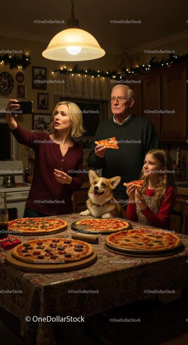 Family Enjoying Pizza Night with Corgi in Cozy Kitchen