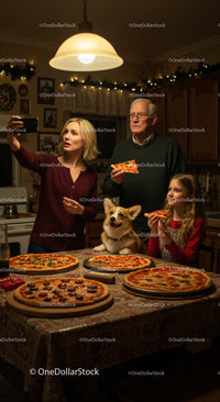 Family Enjoying Pizza Night with Cozy Holiday Vibes