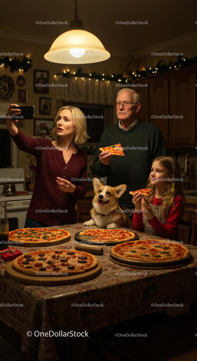 Family Enjoying Pizza Night with Cozy Holiday Vibes