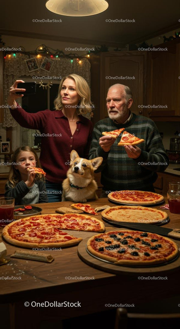 Rodzina ciesząca się wieczorem z pizzą i uroczym corgi