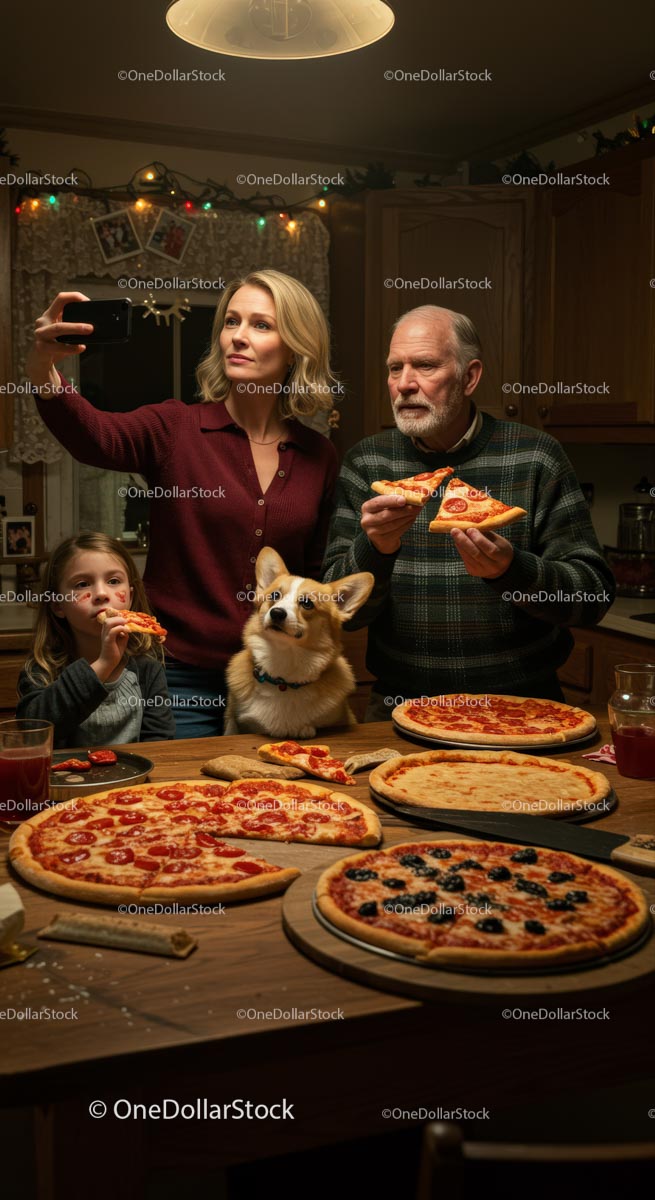 Family Enjoying Pizza Night with Cozy Holiday Vibes