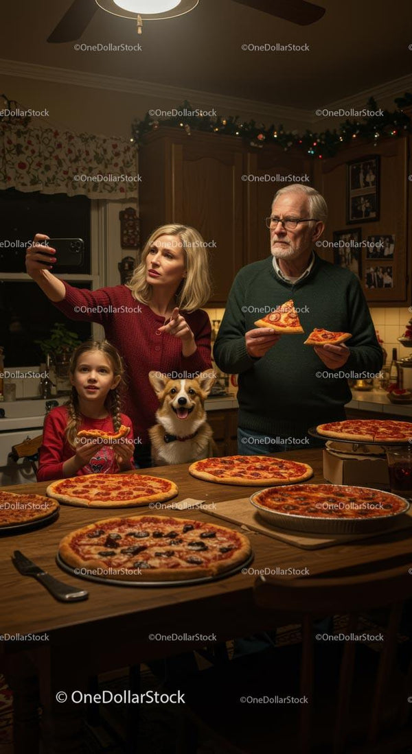 Rodzina ciesząca się wieczorem pizzy razem pokoleniowo