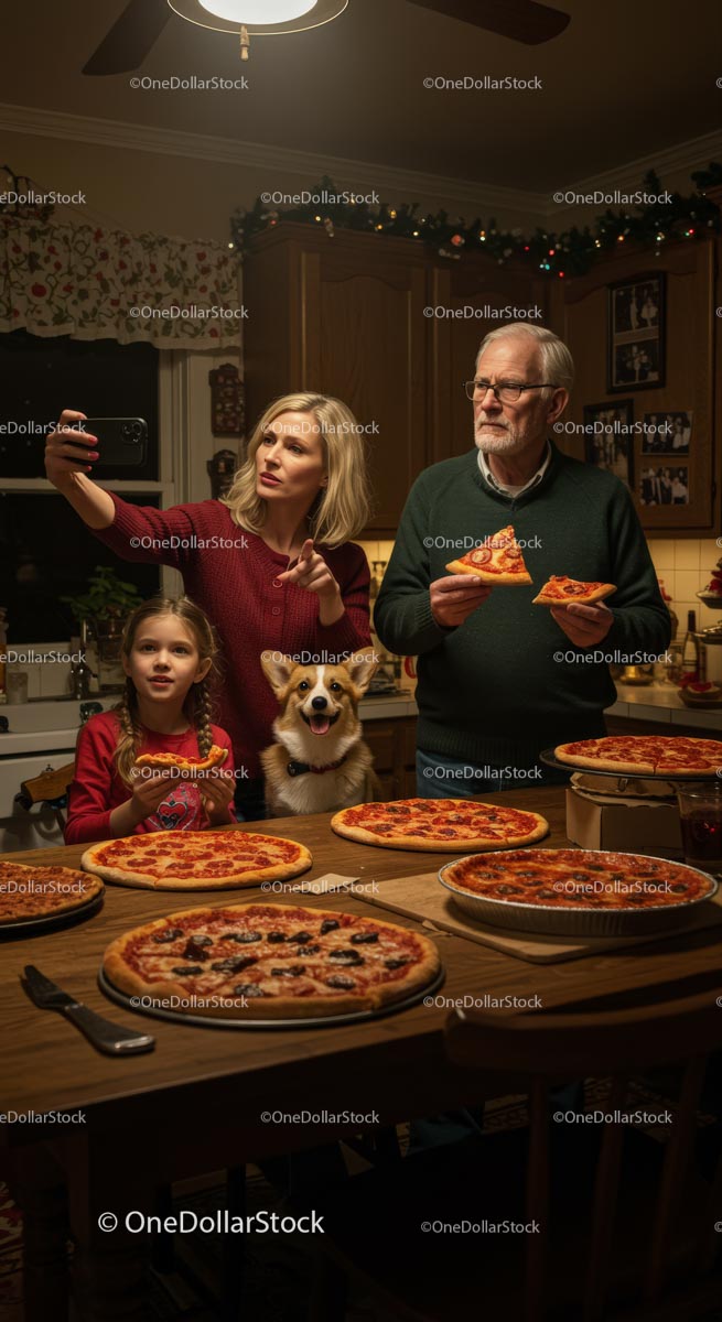 Family Enjoying Pizza Night with Cozy Holiday Vibes