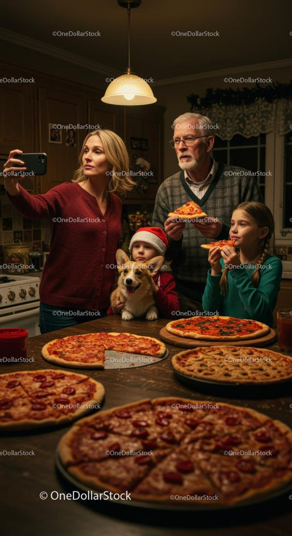 Rodzina świętująca z domową pizzą i świąteczną radością