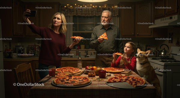 Rodzina ciesząca się wieczorem pizzy w przytulnej kuchni