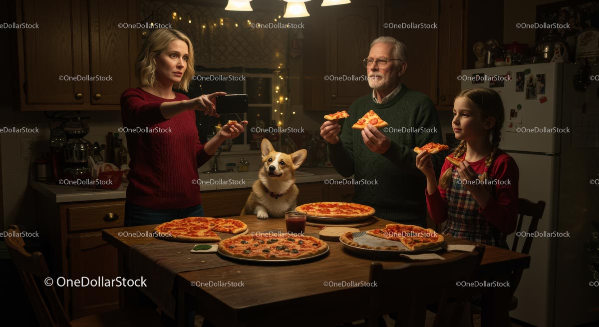 Rodzina delektuje się kolacją z pizzą z Corgi w przytulnej kuchni