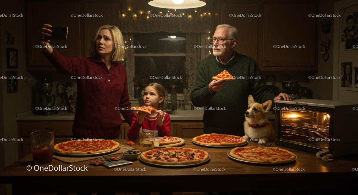 Rodzina cieszy się wieczorem z pizzą z towarzyszem Corgi