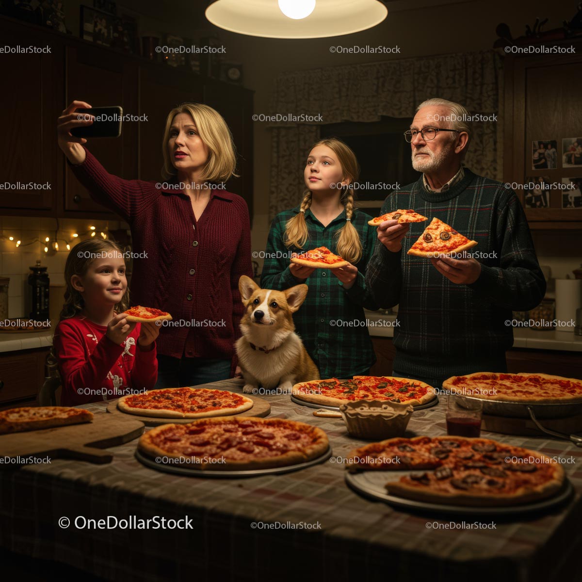 Family Enjoying Pizza Night with Cozy Holiday Vibes