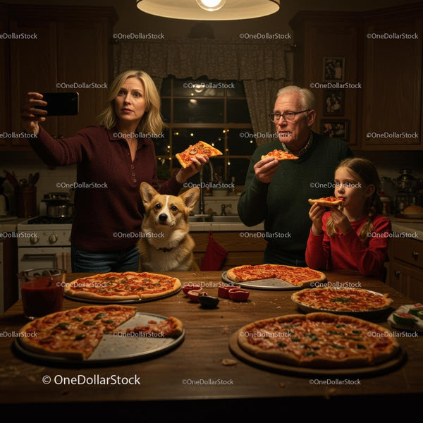 Rodzina ciesząca się wieczorem z pizzą i corgi w przytulnej kuchni