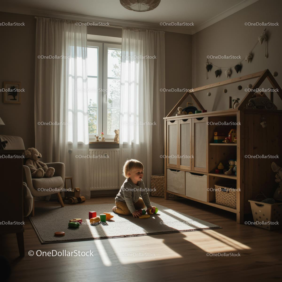 Toddler Playing with Wooden Toys in Sunlit Nursery