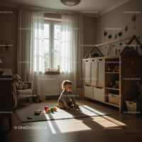 Toddler Playing with Wooden Toys in Sunlit Nursery