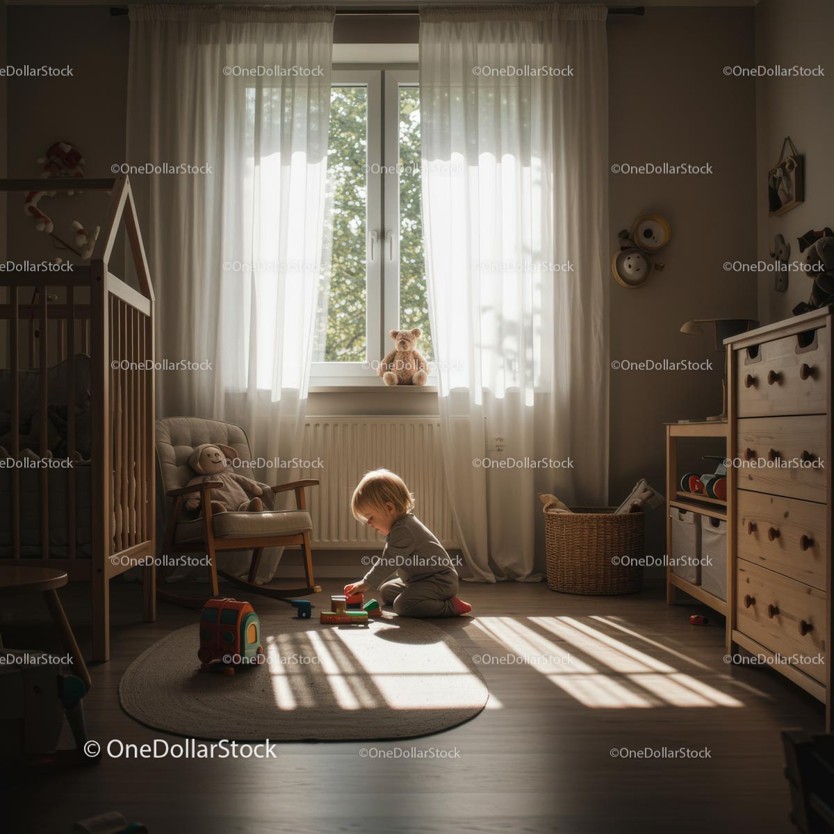 Toddler Playing with Wooden Toys in Sunlit Nursery