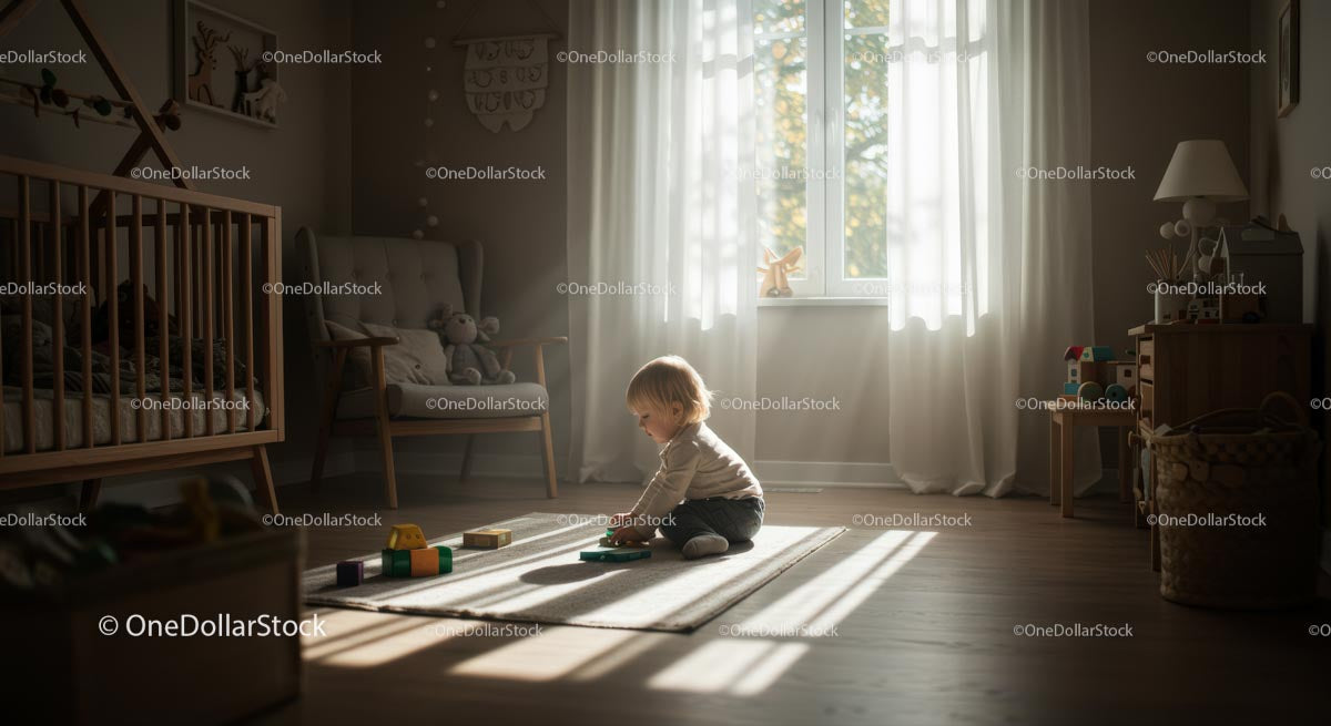 Toddler Playing with Toys in Sunlit Nursery Room