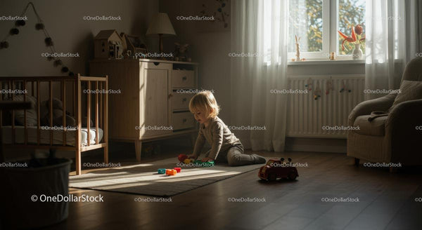 Maluch bawiący się drewnianymi zabawkami w przytulnym pokoju dziecięcym