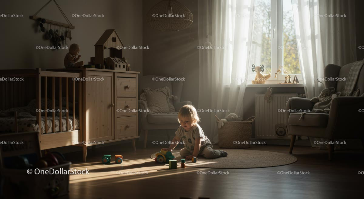 Maluch bawi się drewnianymi zabawkami w przytulnym, słonecznym pokoju dziecięcym
