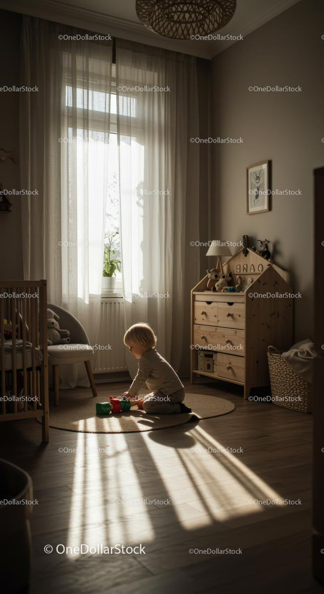 Toddler Playing with Wooden Blocks in Cozy Nursery