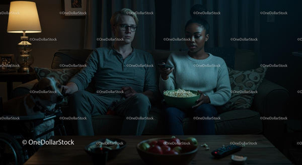 Para ciesząca się wieczorem filmowym z popcornem w domu