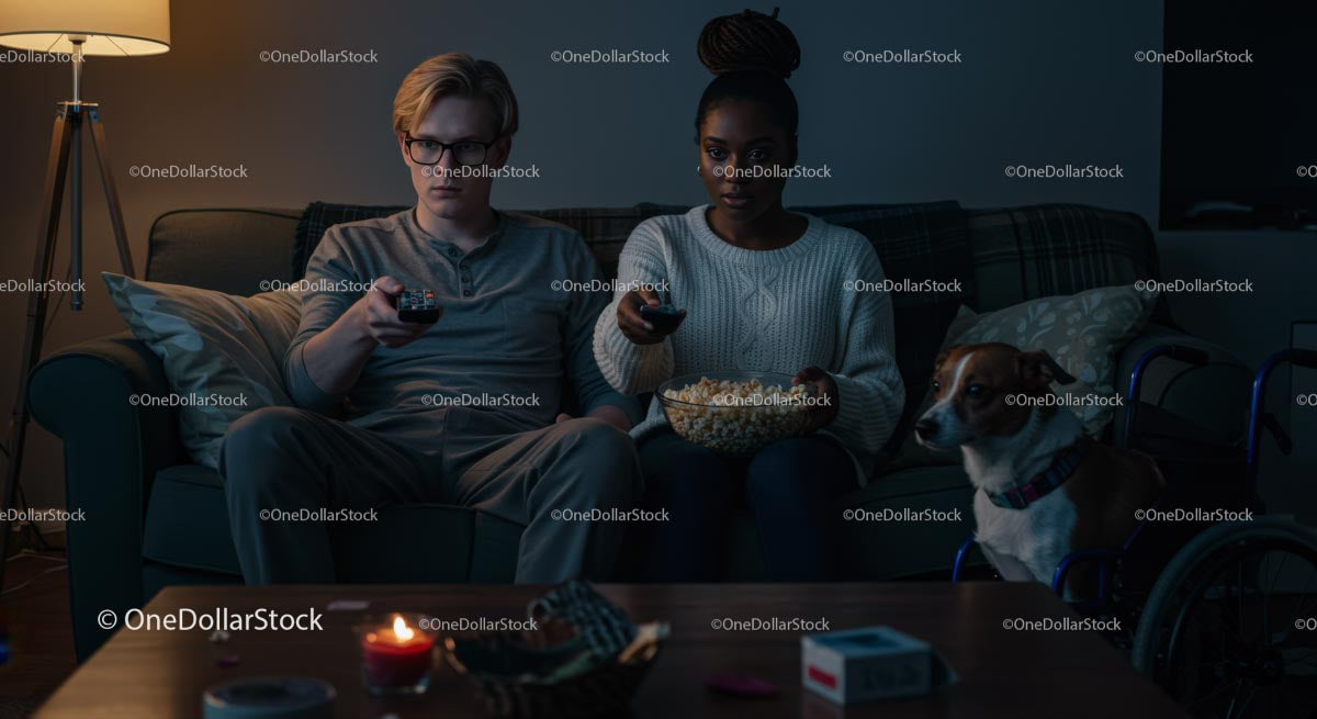 Couple Enjoying TV with Popcorn and Dog in Cozy Living Room