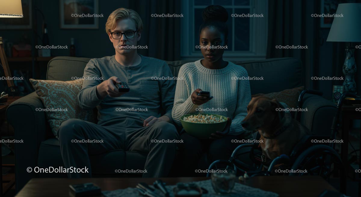 Couple Watching TV with Pet Dog in Cozy Living Room
