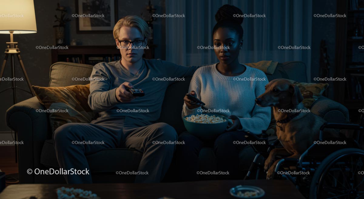 Couple Relaxing with Dog Watching TV in Cozy Living Room