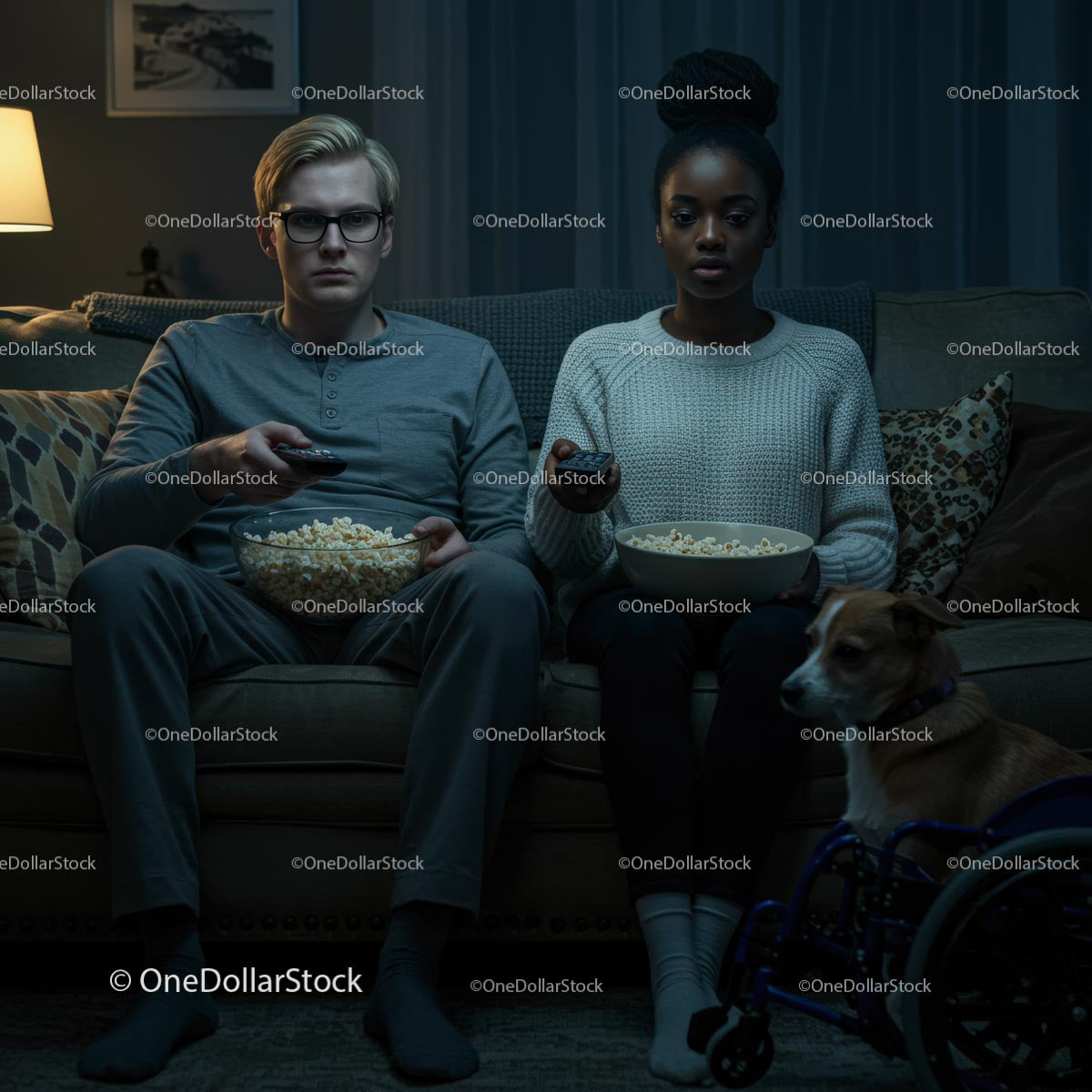 Mixed Race Couple Watching TV with Dog in Cozy Living Room