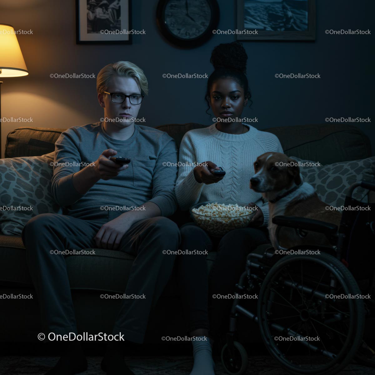 Couple Enjoying Movie Night with Dog in Cozy Living Room