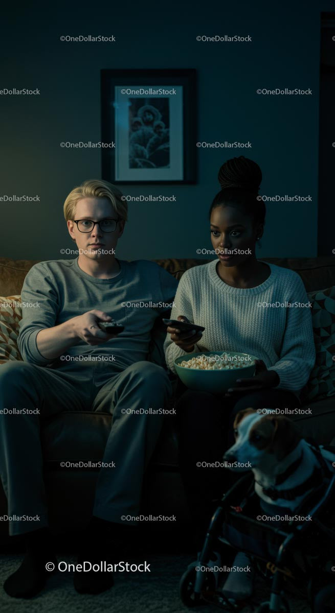 Couple Relaxing with Popcorn and TV in Cozy Living Room