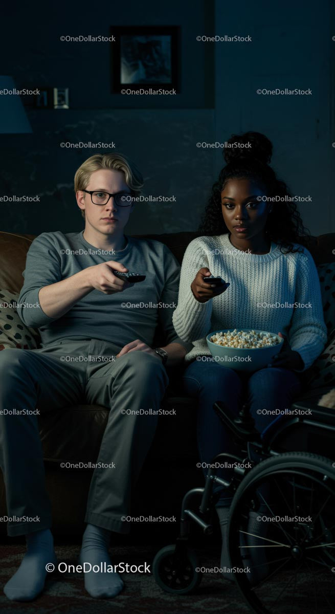 Couple Enjoying Movie Night with Popcorn on Couch