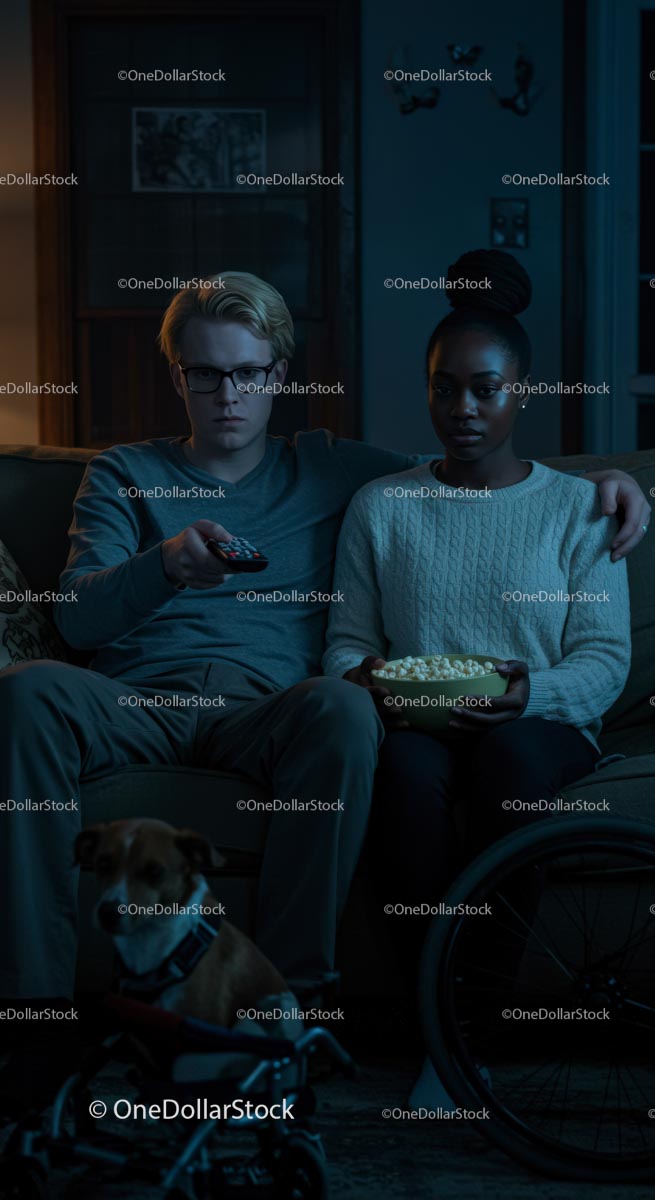 Couple Relaxing with TV and Popcorn in Cozy Living Room