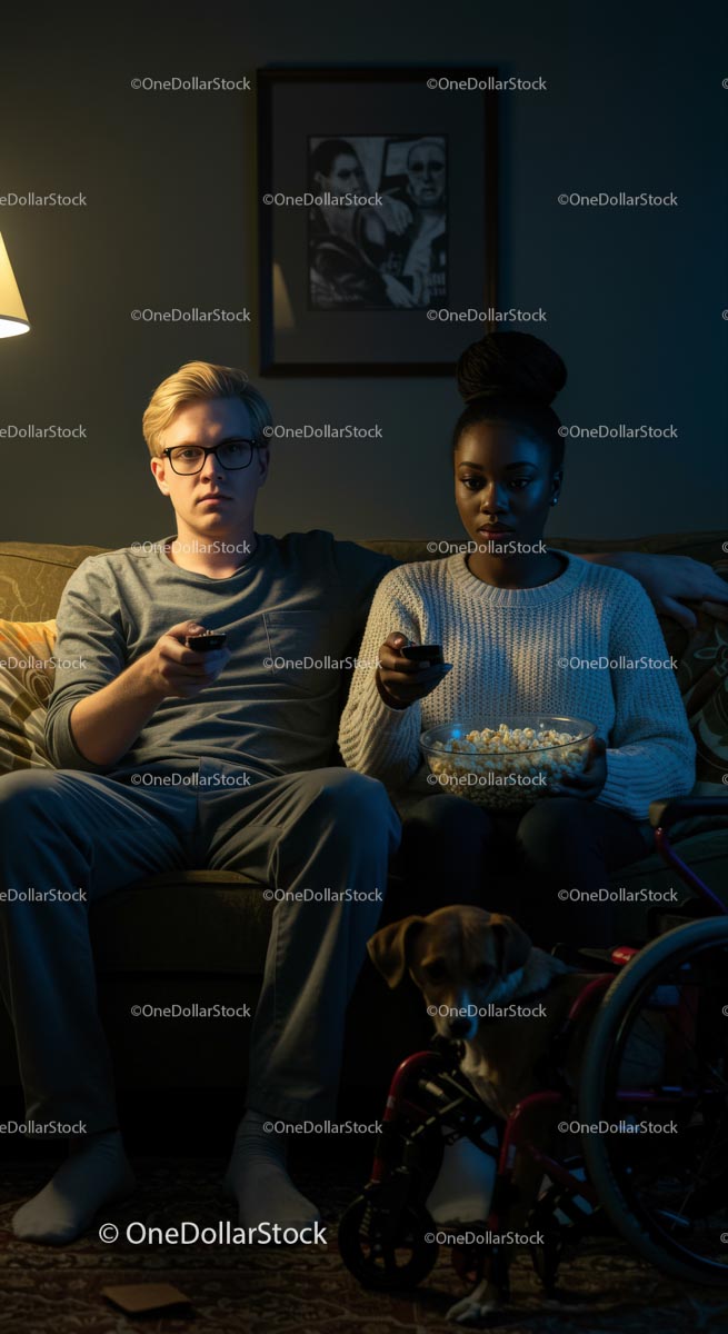 Relaxed Couple Watching TV with Dog in Cozy Living Room