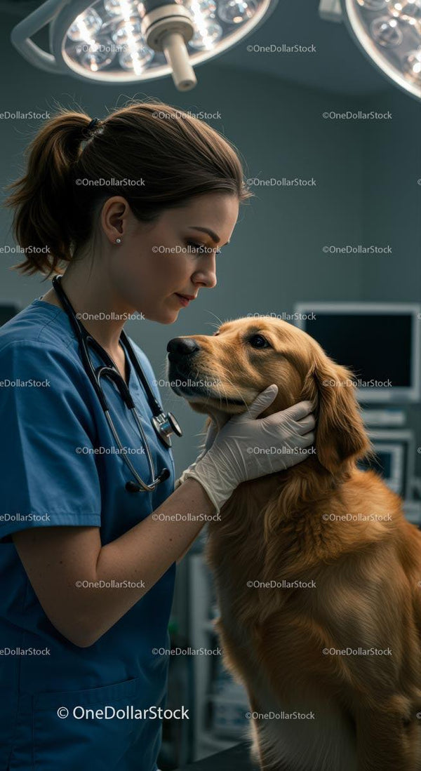 Weterynarz z troską badający golden retrievera