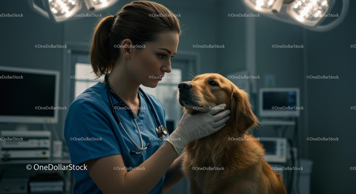 Veterinarian Examining Golden Retriever in Clinic