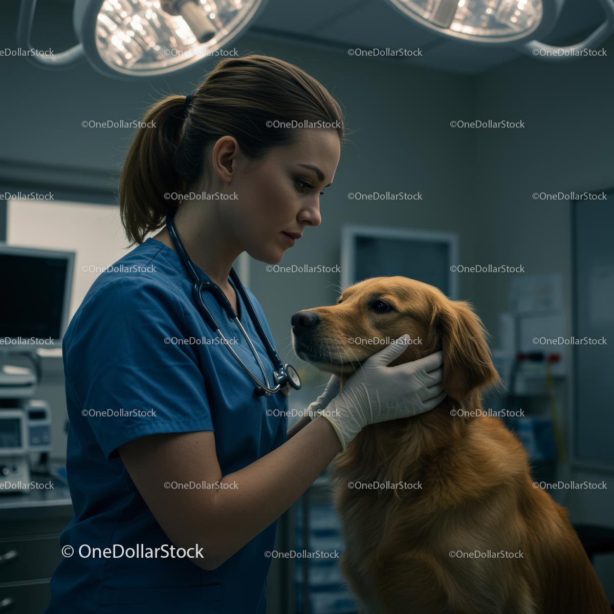 Veterinarian Examining Golden Retriever in Clinic