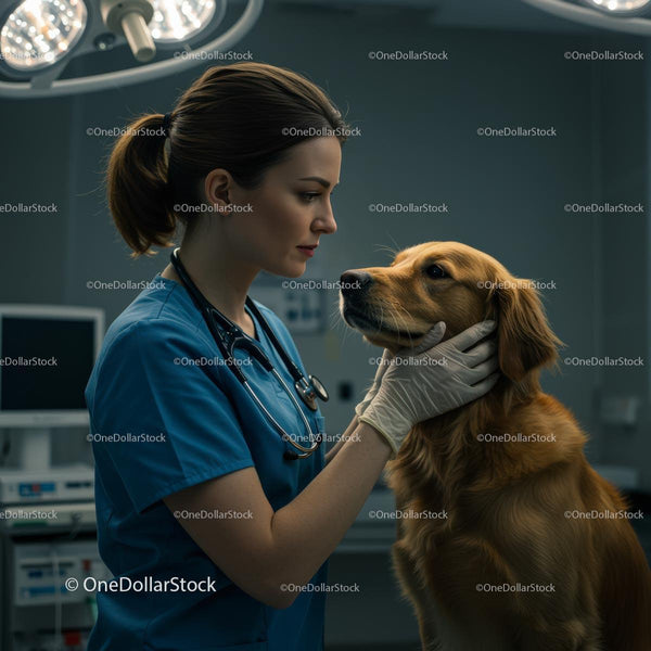 Veterinarian Caring for Golden Retriever in Clinic