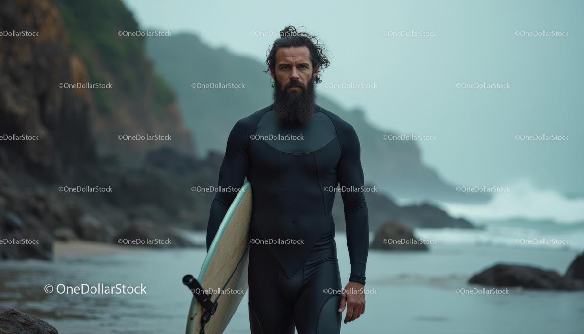 Bearded Surfer in Wetsuit on Rocky Ocean Shore