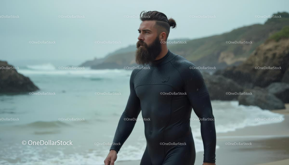 Man in Black Wetsuit Strolling Along Rugged Ocean Shoreline