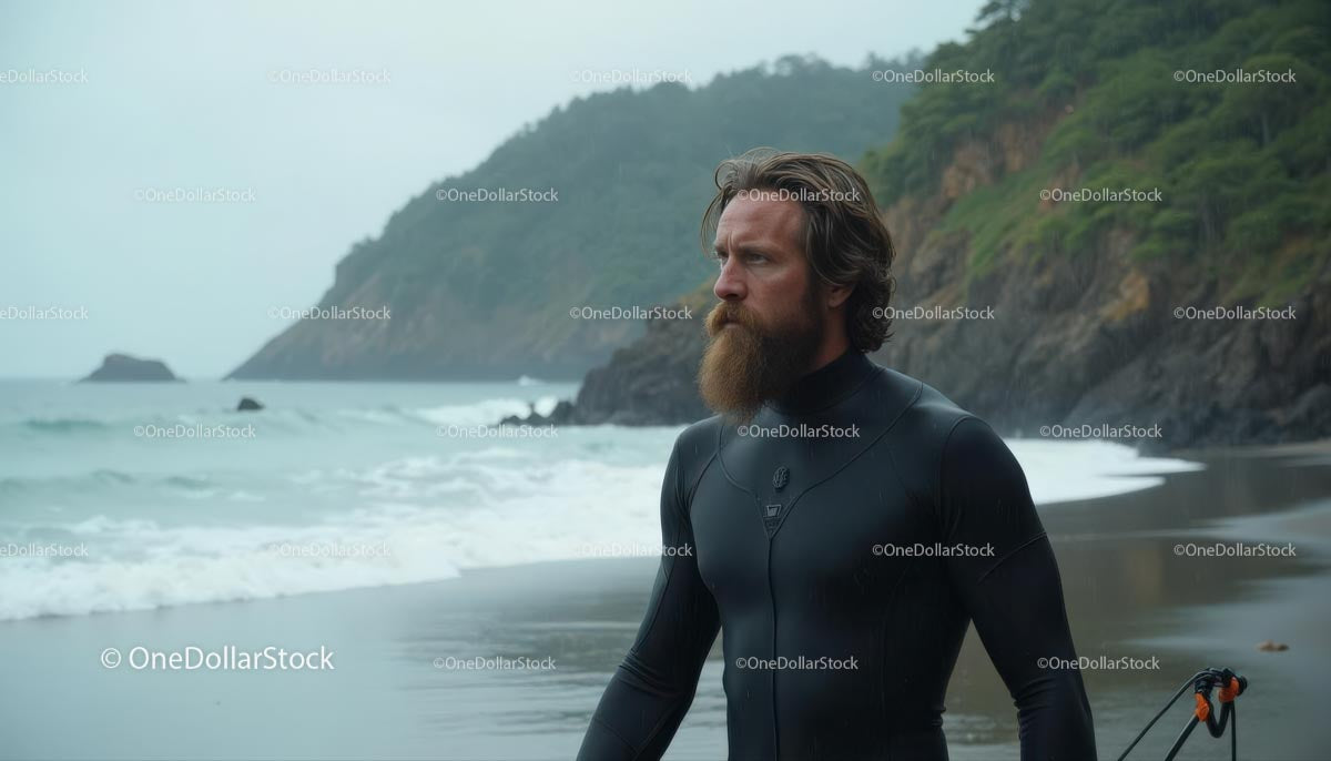 Bearded Surfer in Black Wetsuit on Rocky Coastline