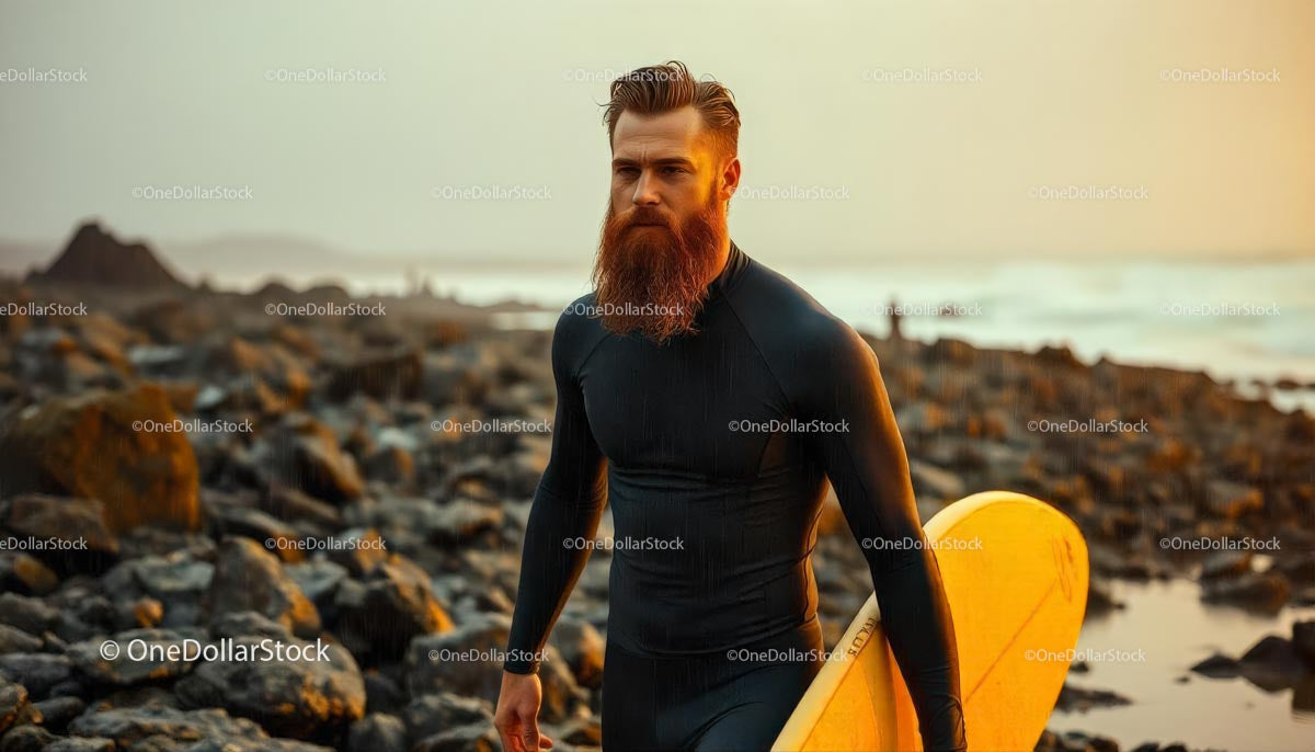 Brodaty surfer z deską na skalistej plaży Sunset Beach