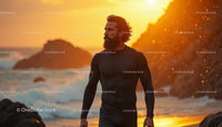 Bearded Man Exploring Rocky Beach at Sunset
