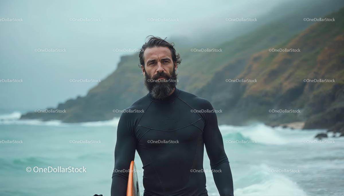 Confident Surfer with Board on Misty Coastal Beach