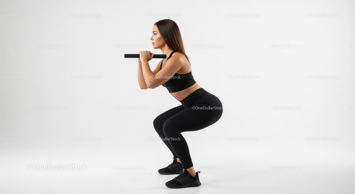 Woman in Squat Position with Weights on White Background