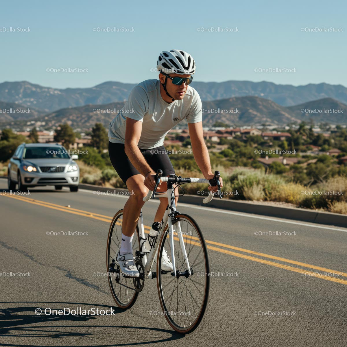 Cyclist Riding Along Scenic Mountain Road on a Sunny Day